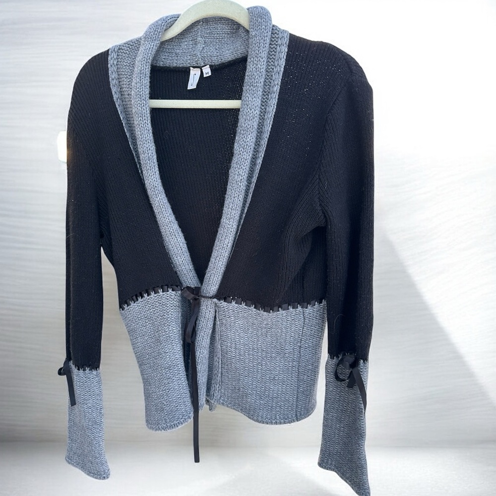 Women's Black & Gray Sweater-Unique- Ribbon tie at Sleeves & Waist-made in Italy